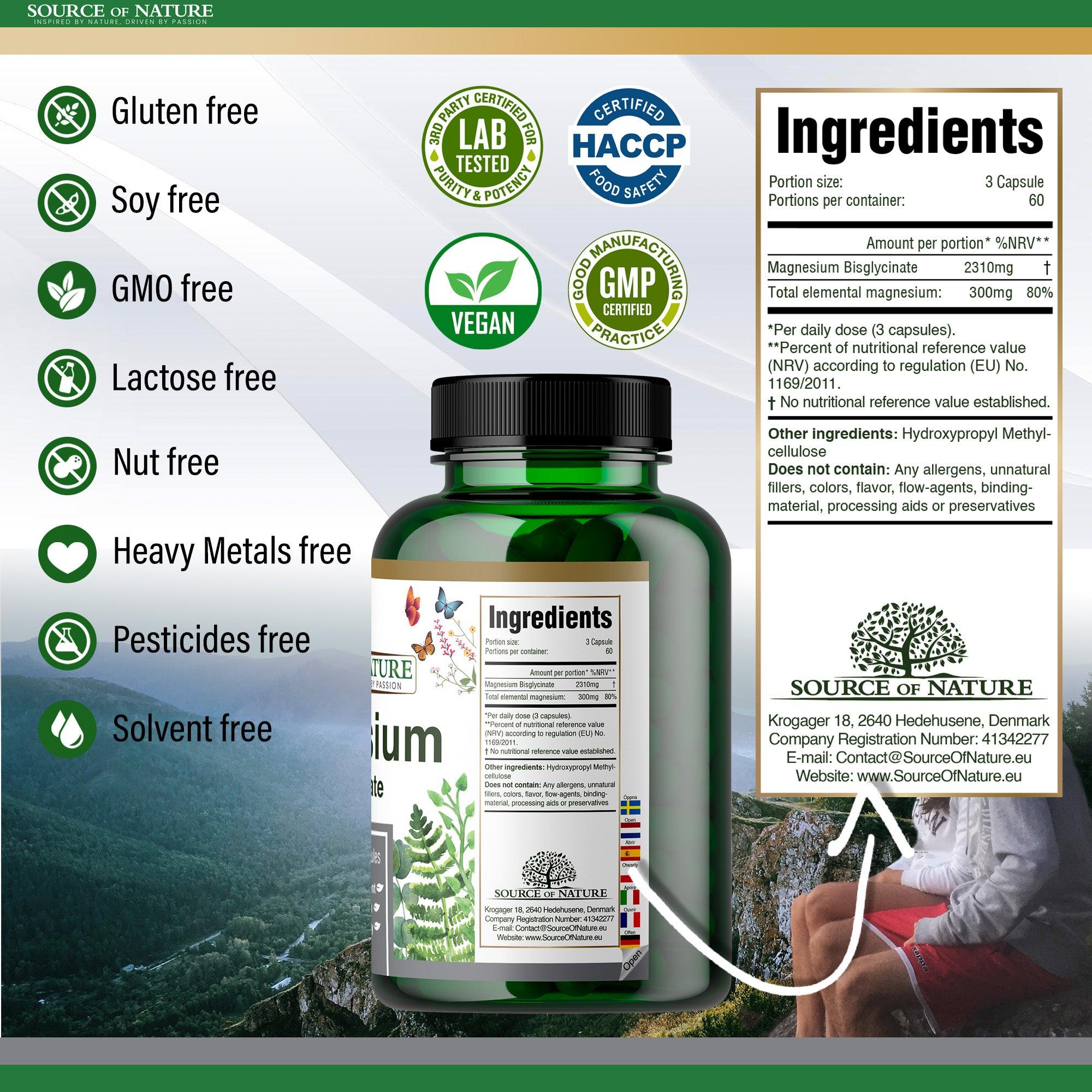 Magnesio bisglicinato 770mg | 180 Capsule | Fornitura per 3 mesi Source of Nature